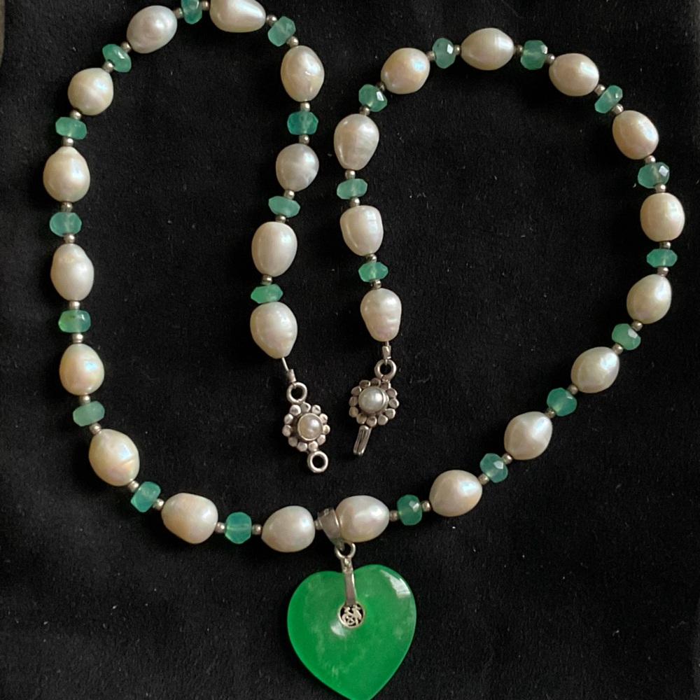 Elegant Real Pearls and Green Heart Necklace in STERLING SILVER 925 BRANS GD